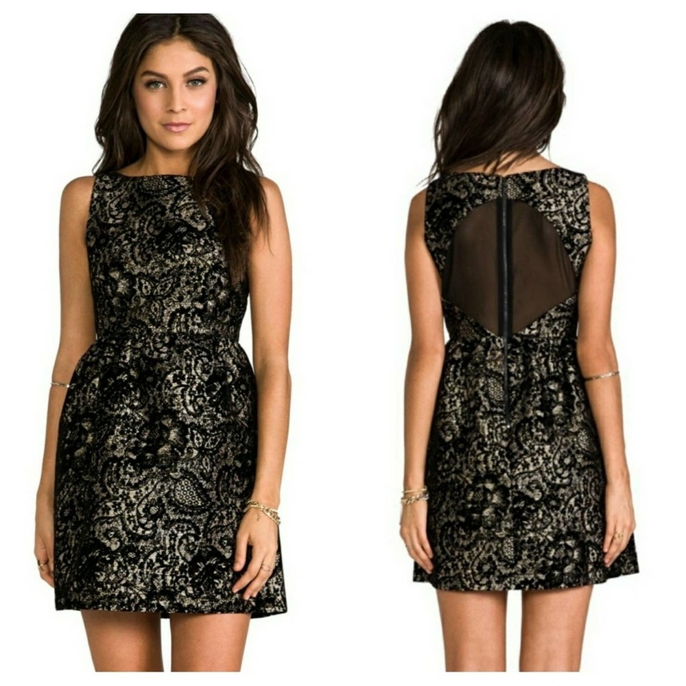 Alice + Olivia Lillanne Puff Skirt Mini Dress Gold Black Textured Floral Size 6